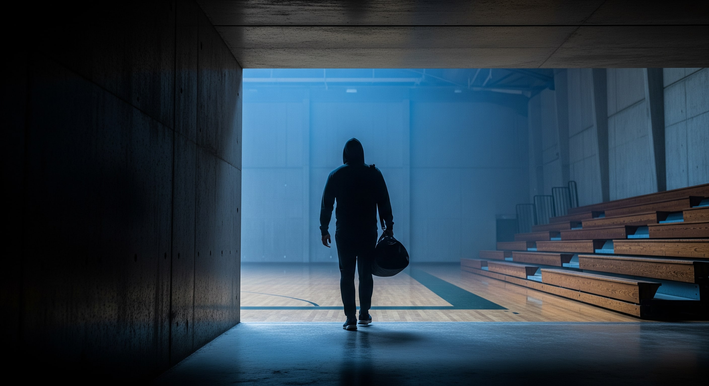 Adult athlete walking from a dark fieldhouse tunnel toward a lit court